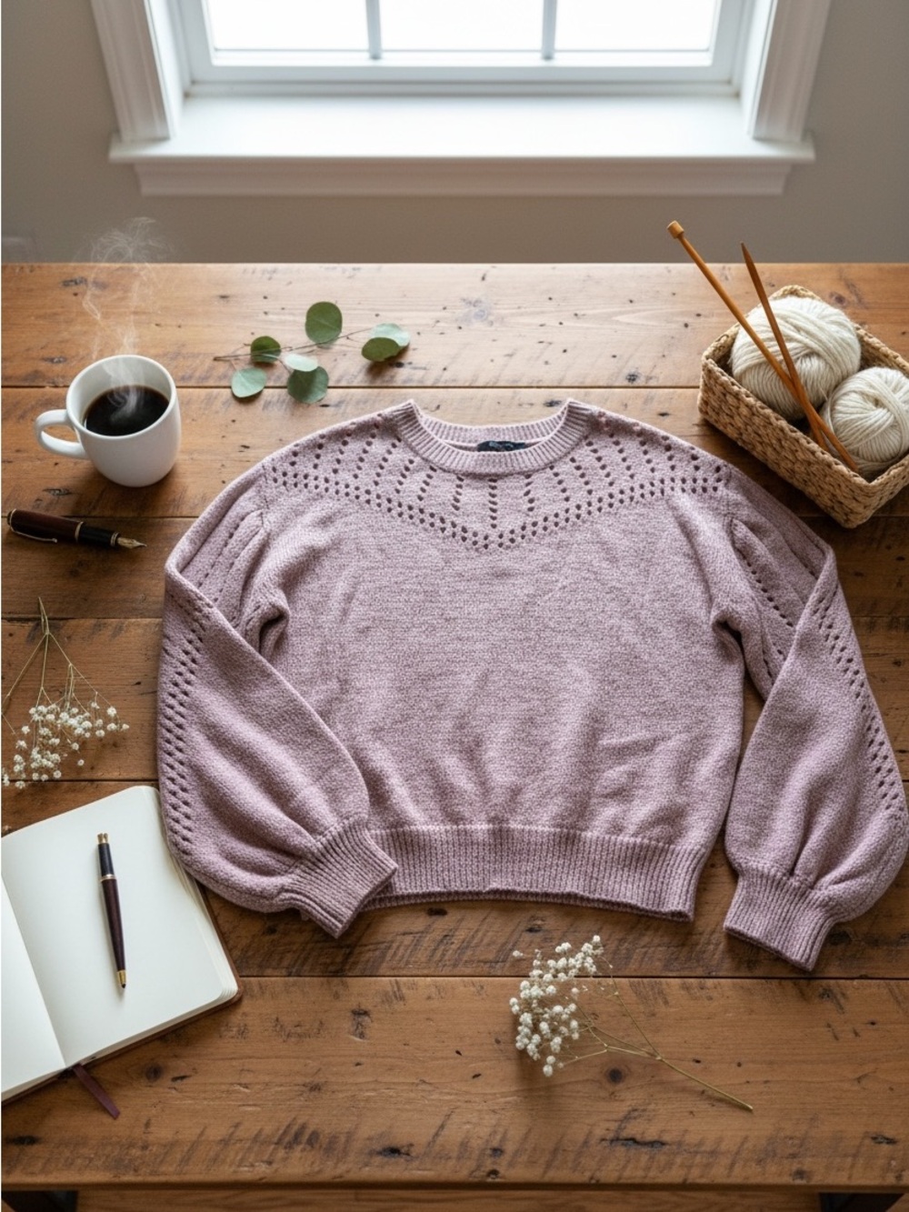 Olivia Sky Pointelle Yoke Crewneck Sweater in Dusty Mauve